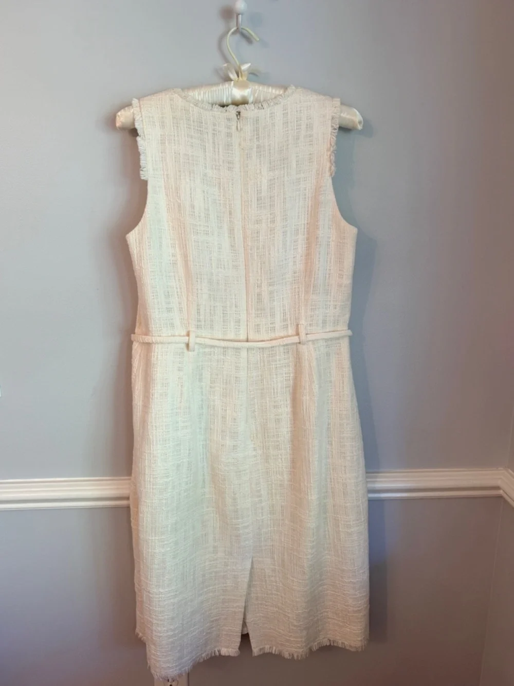 J.Crew Tweed Dress Ivory Sleeveless Belted Fringe Hem Women’s 14T